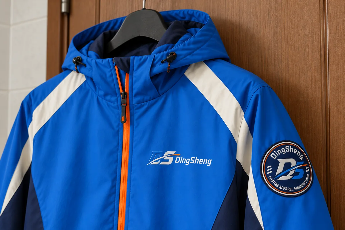 Close view of DingSheng outerwear branding and construction
